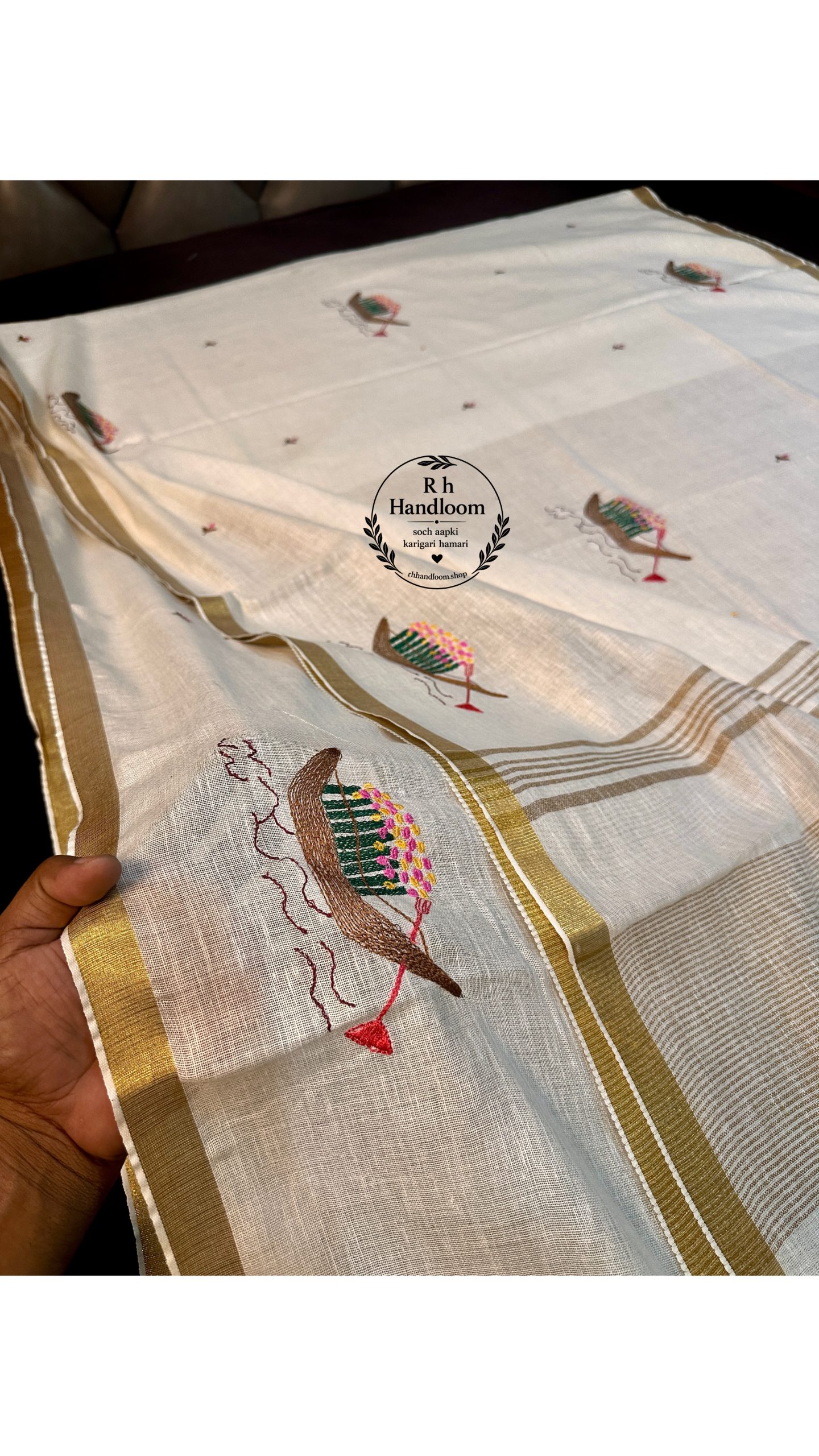 pure linen cotton embroidery saree - Image 3
