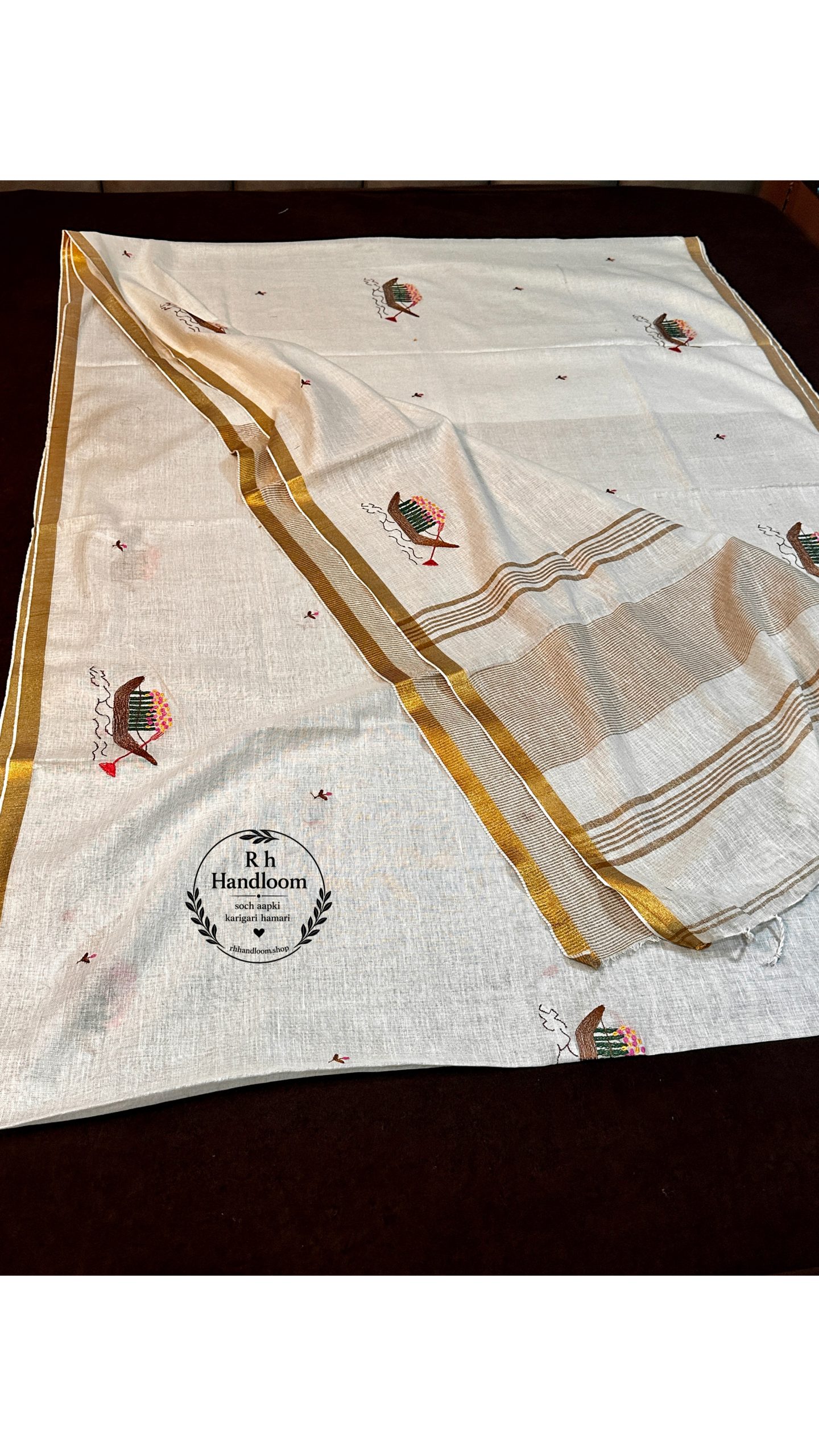 pure linen cotton embroidery saree - Image 4