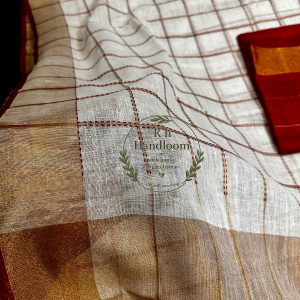 maroon border kantha stitch weave chacks design off-white pure linen saree with blouse