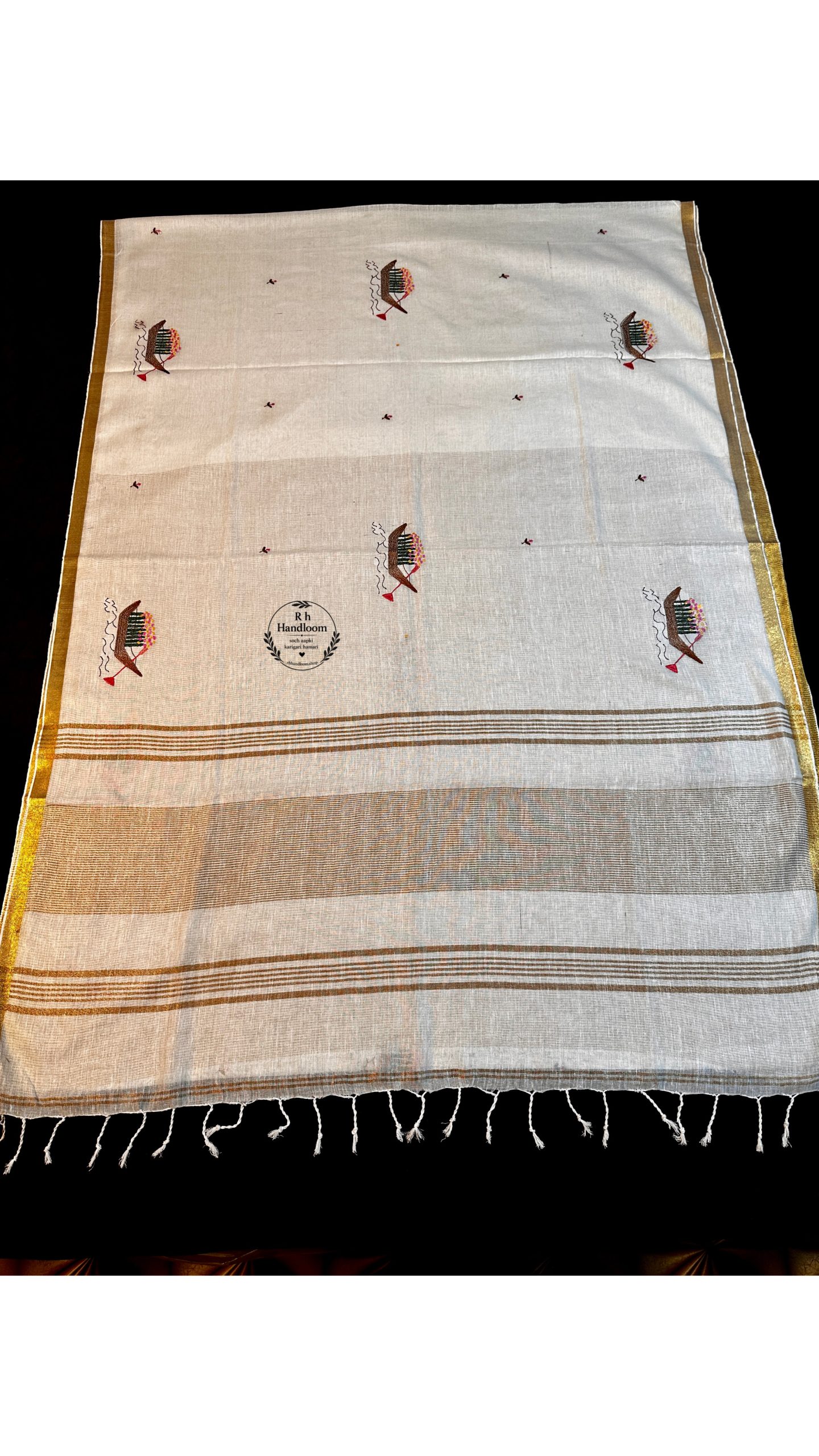 pure linen cotton embroidery saree - Image 2