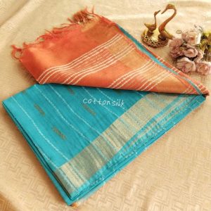 Turquoise Coral Linen Saree