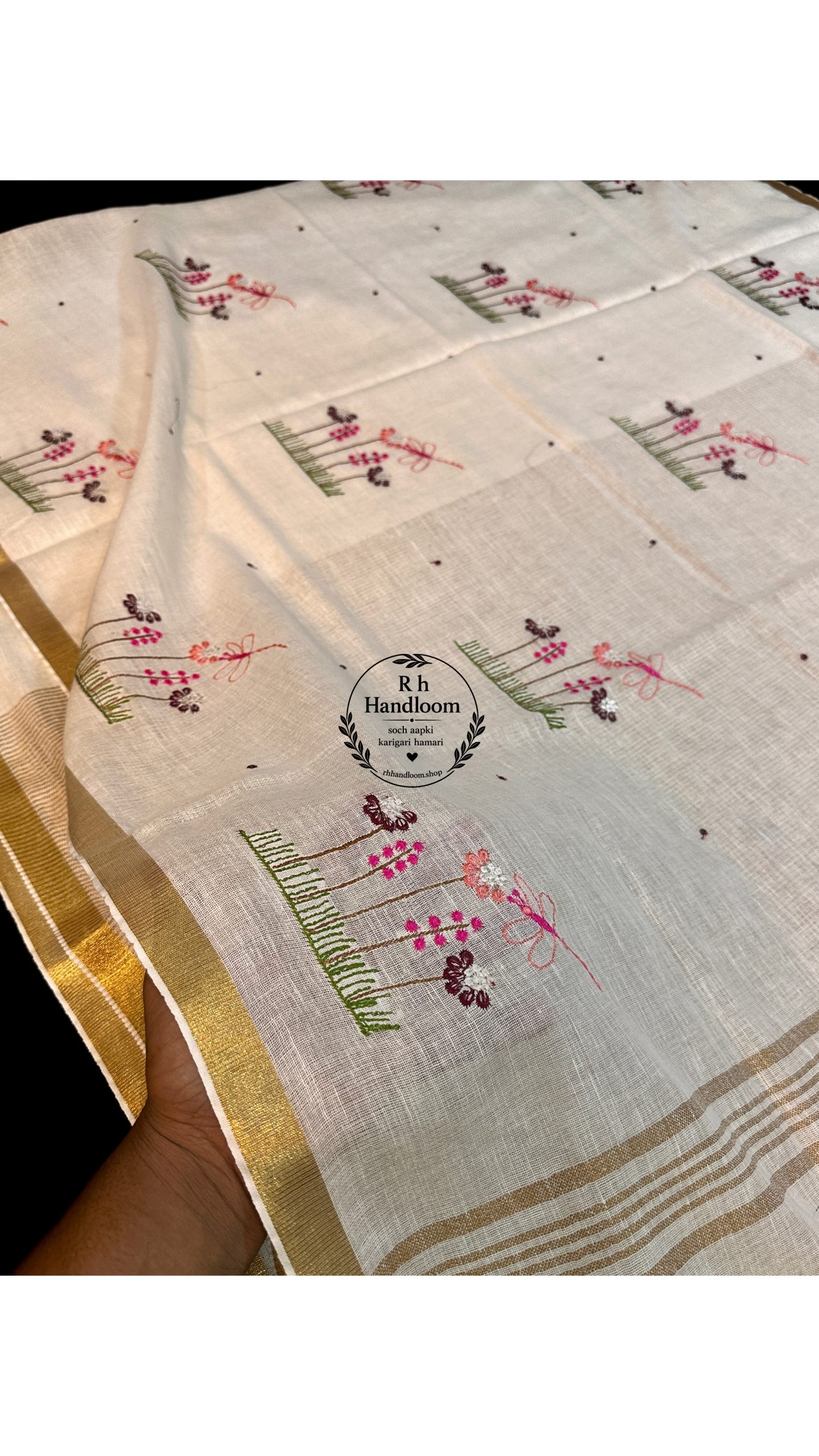 hamdloom pure linen cotton embroidery sarees - Image 3