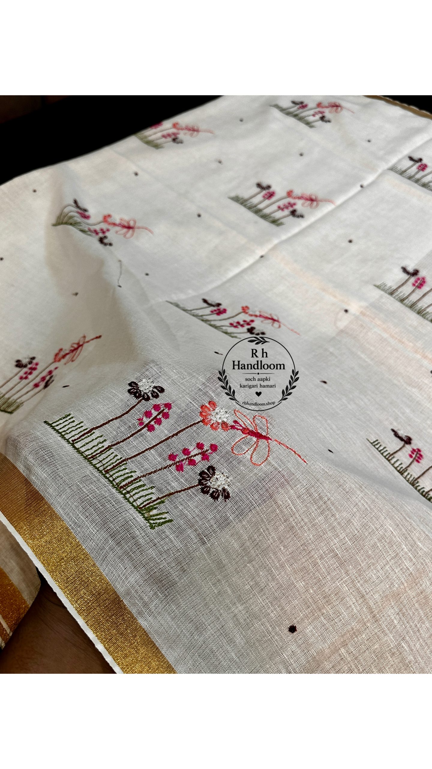 hamdloom pure linen cotton embroidery sarees - Image 2